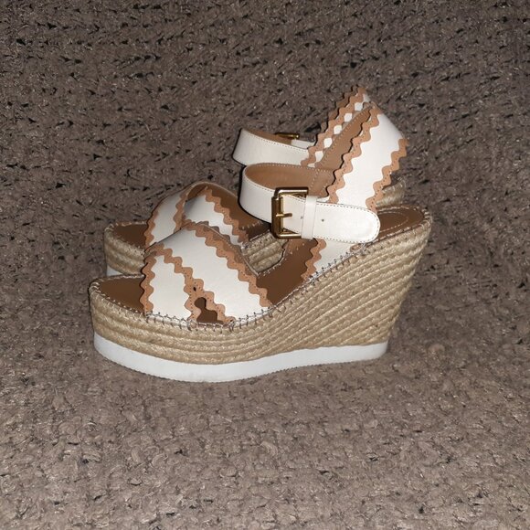 SEE BY CHLOÉ-Glyn Espadrille-Cream Leather w/Tan Trim-Sz 38-Near Mint - Picture 2 of 8